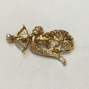 Vintage Mermaid Angel Cupid Bow & Arrow Gold Pin Brooch